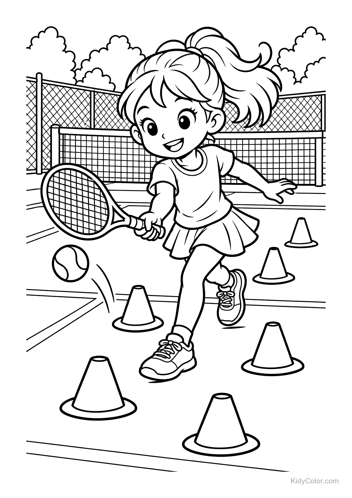 Girl playing tennis hitting a ball among cones on a court.