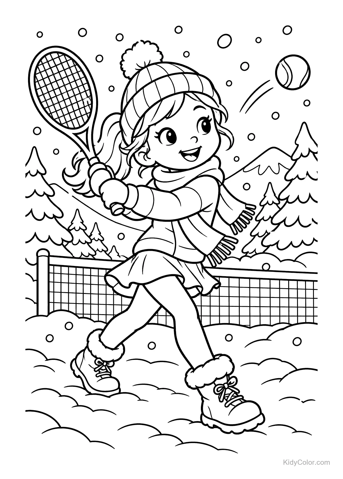 Menina com roupa de inverno jogando tênis na neve com árvores e montanhas ao fundo.
