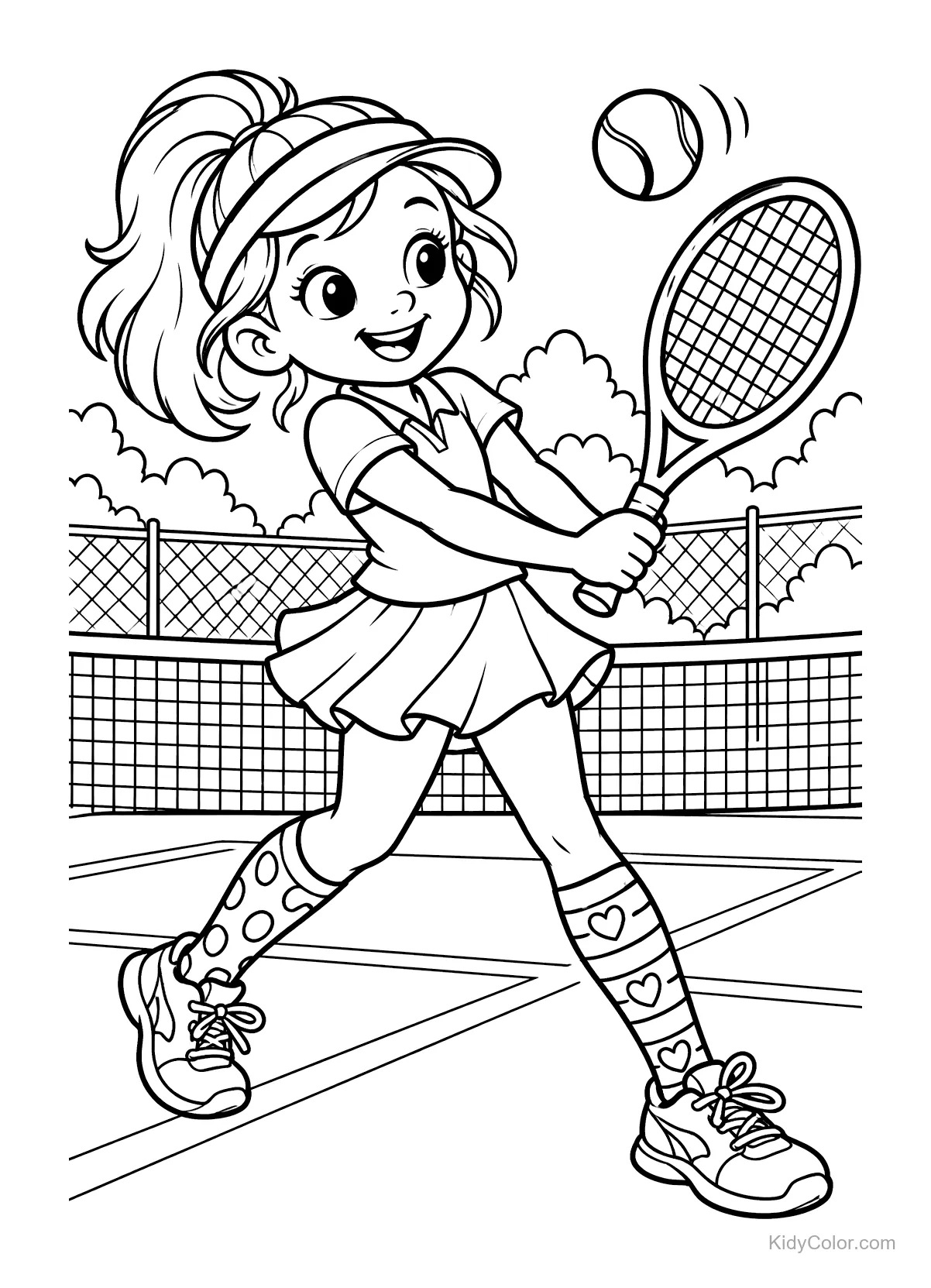 Girl playing tennis, hitting a ball with a racket on a court.