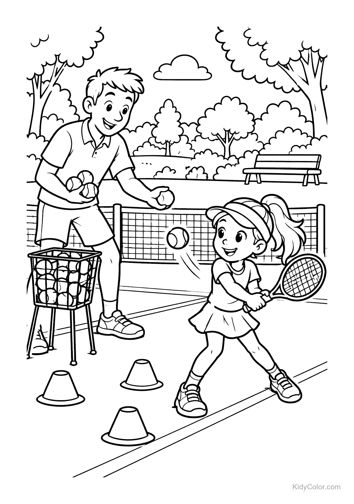 Girl practicing tennis with coach in park.