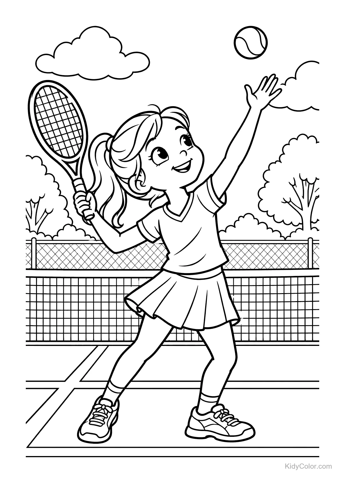 Cartoon-Mädchen, das auf einem Tennisplatz einen Ball aufschlägt.