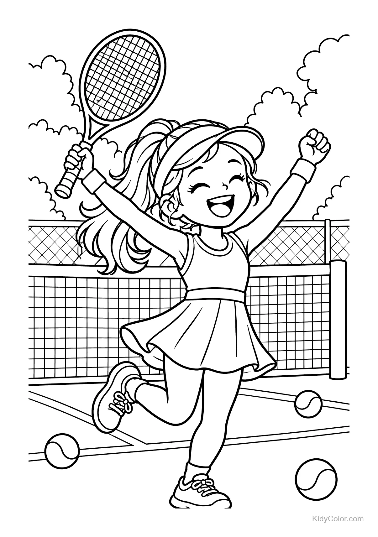 Girl celebrating victory on tennis court with racket raised.