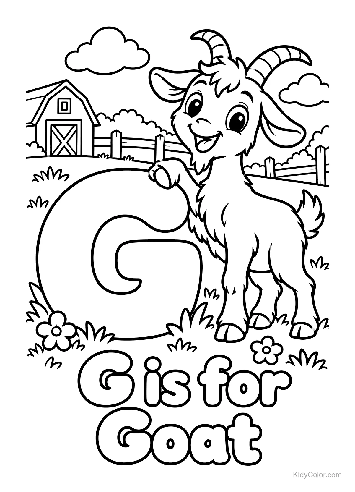 Cheerful goat standing by a large letter G near a barn.