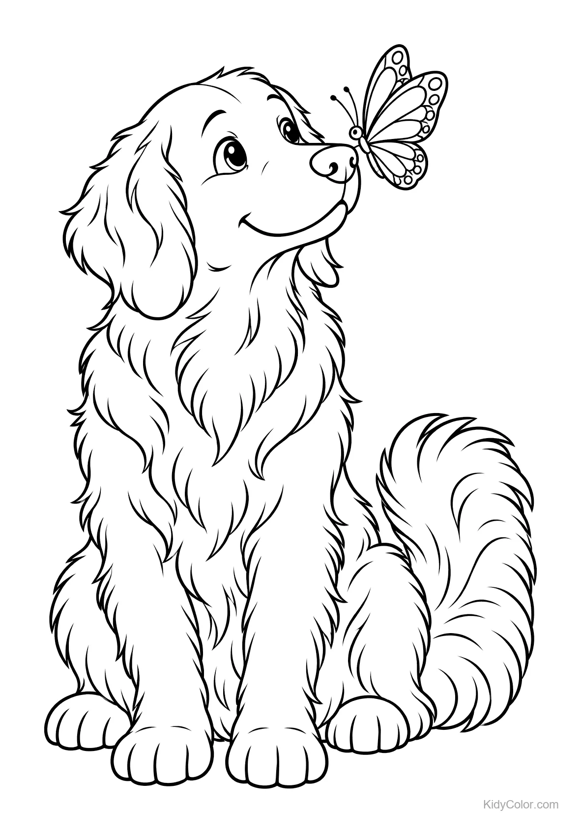 Golden Retriever sitzt mit einem Schmetterling auf der Nase.