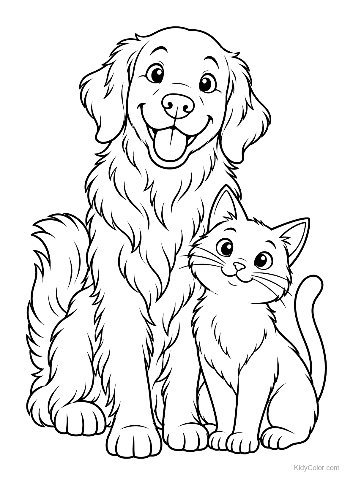 Golden Retriever und Katze sitzen nebeneinander.