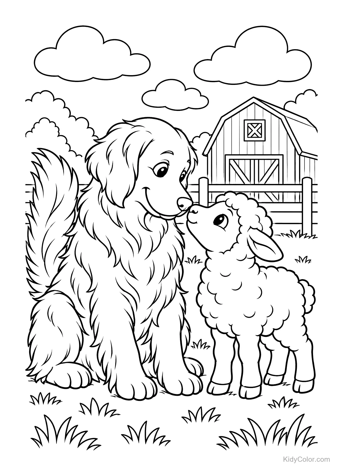 Golden Retriever und Lamm stehen vor einer Scheune.