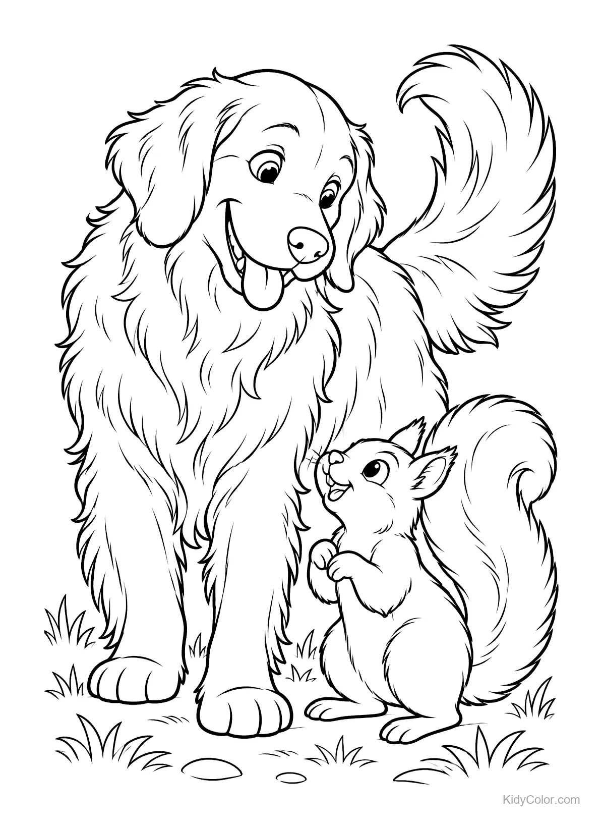 Golden Retriever und Eichhörnchen im Garten.