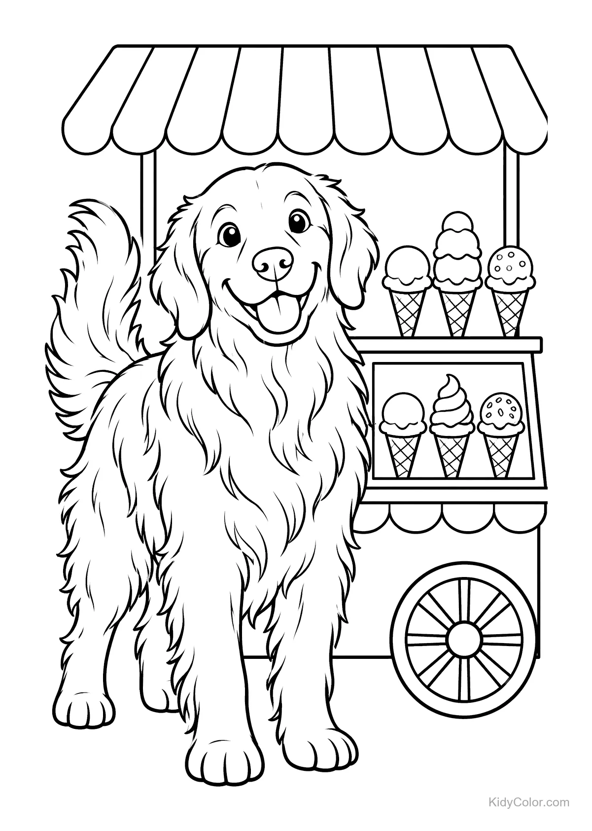 Golden Retriever steht neben einem Eisstand mit Eiswaffeln.