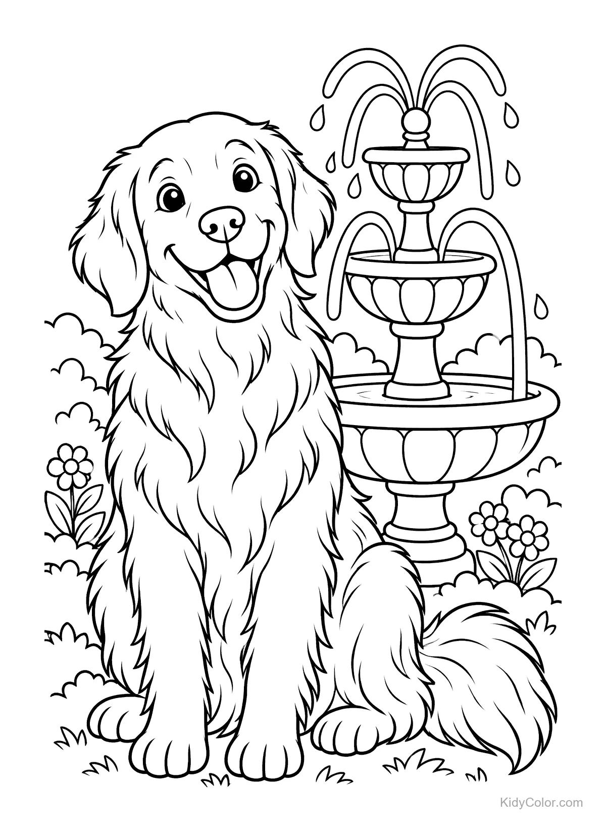 Golden Retriever felice accanto a una fontana con fiori.