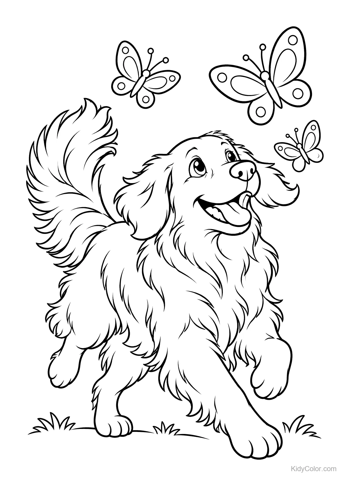 Golden retriever che insegue farfalle con la coda scodinzolante.