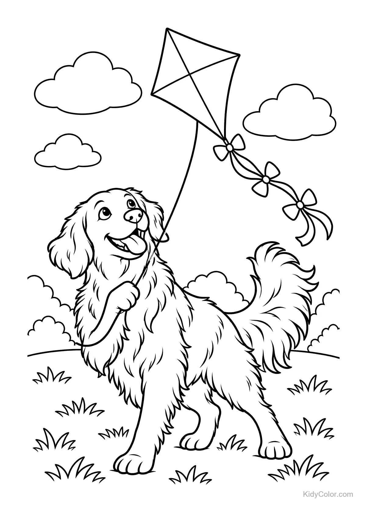Golden Retriever fliegt glücklich einen Drachen im Gras.