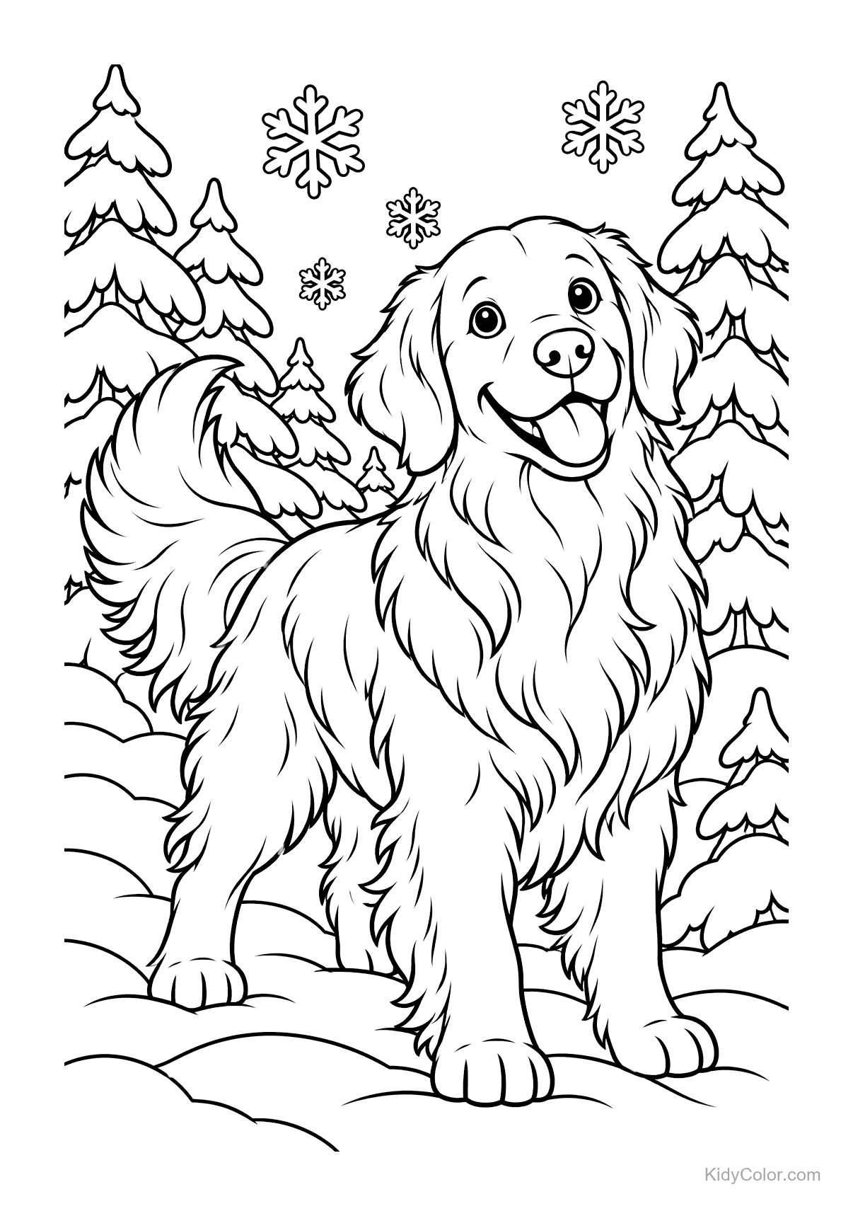 Golden Retriever debout dans une forêt enneigée avec des arbres et des flocons de neige.
