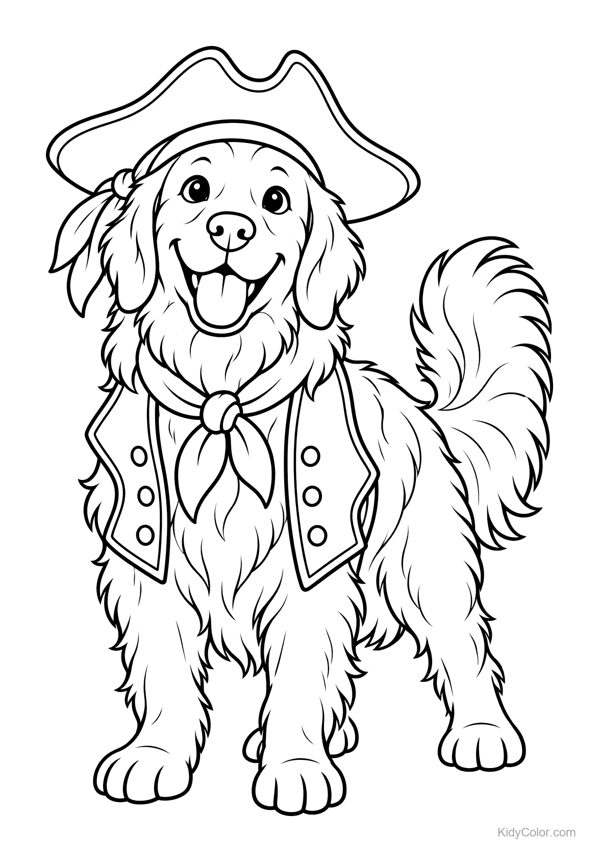 Goldener Retriever mit Piratenhut und Weste, lächelnd.