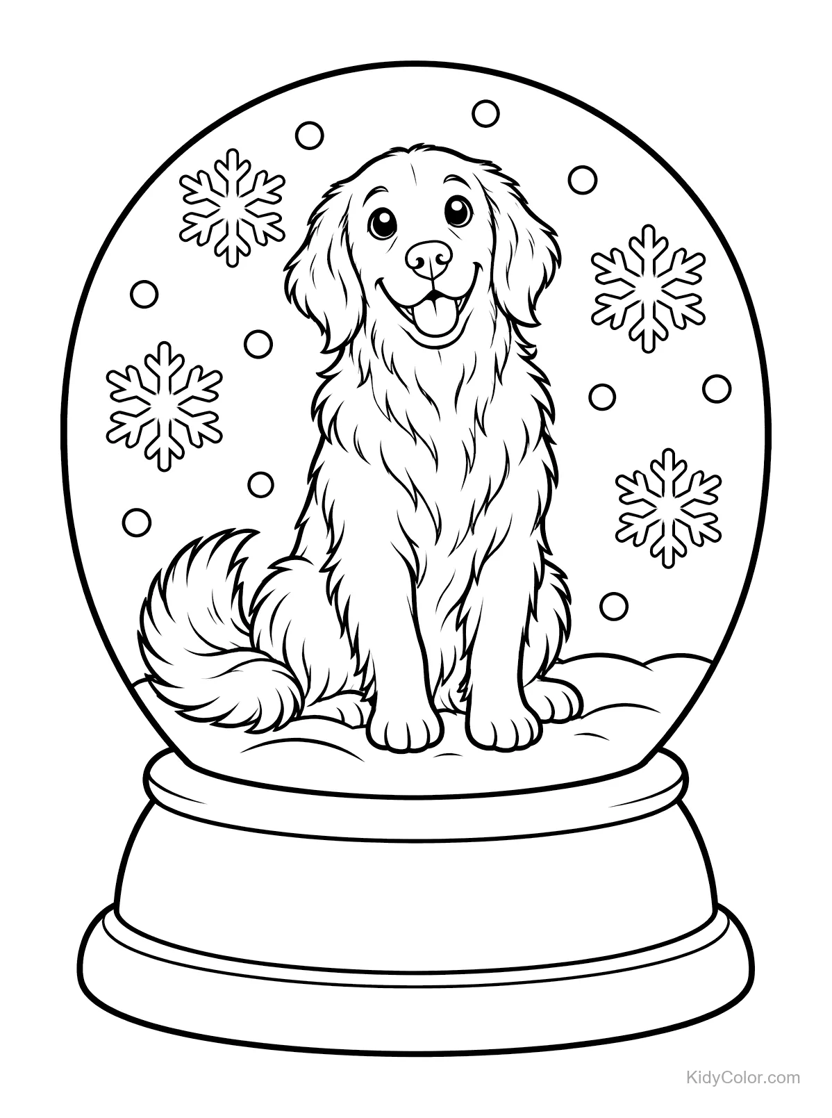 Golden Retriever sitzt in einer Schneekugel mit Schneeflocken.