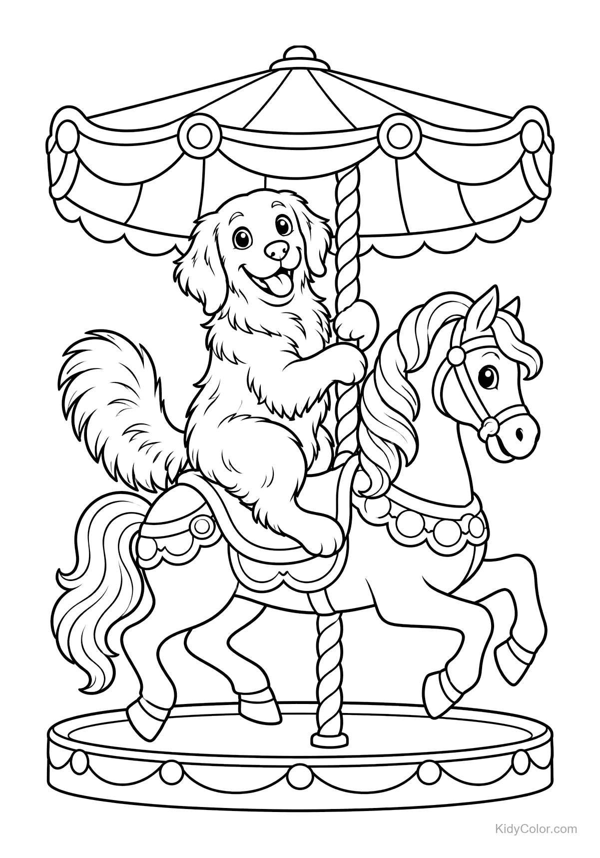 Golden retriever su un cavallo della giostra, disegno.