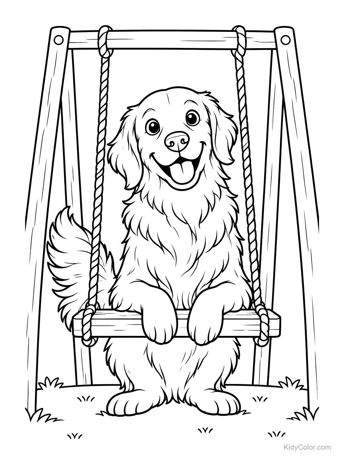 Golden Retriever sitzt lächelnd auf einer Schaukel.