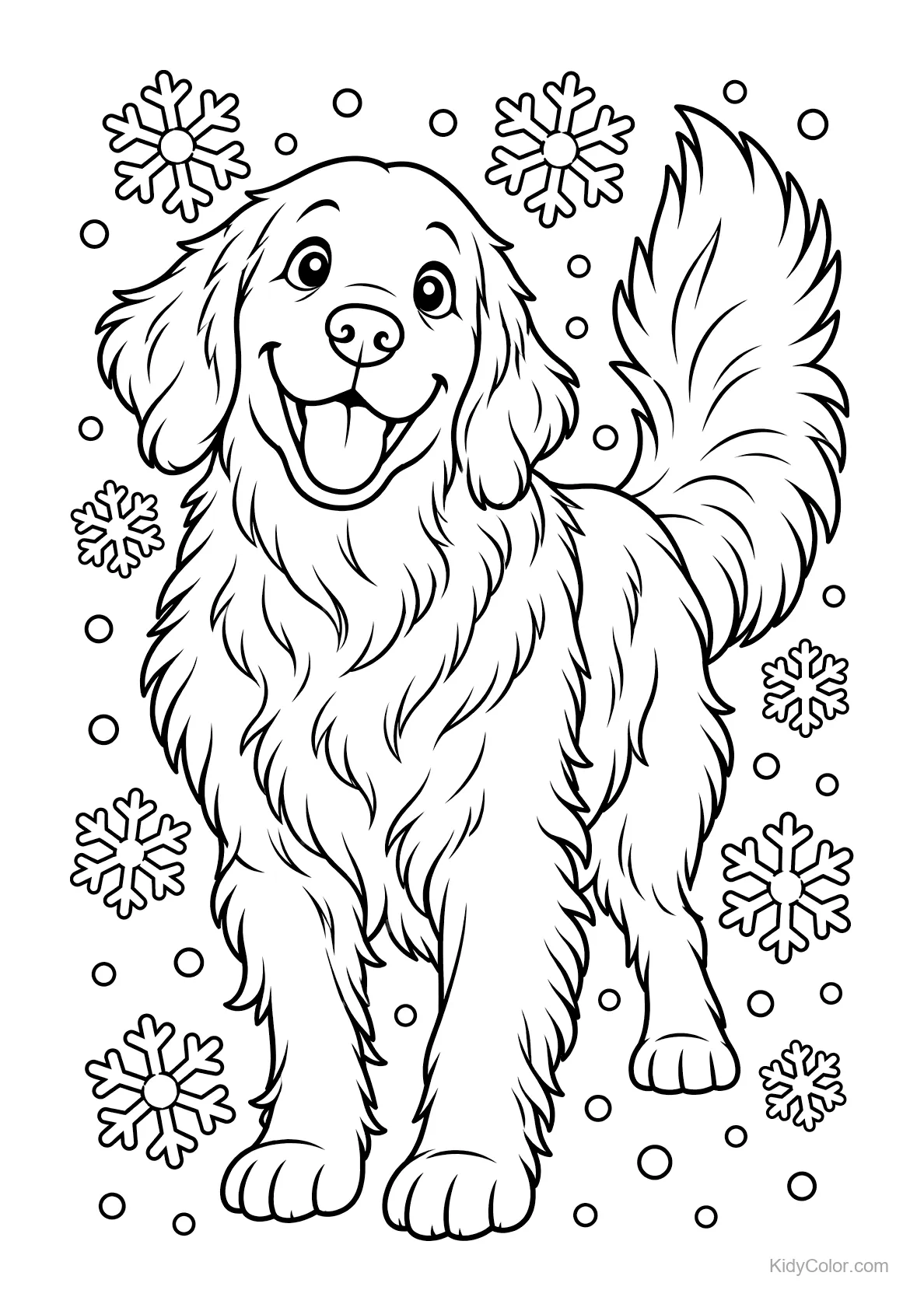 Golden Retriever im Schneefall mit Schneeflocken.