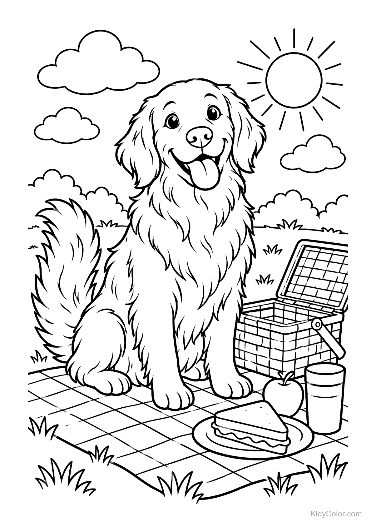 Goldener Retriever bei einem Picknick mit Korb, Sonne und Essen.