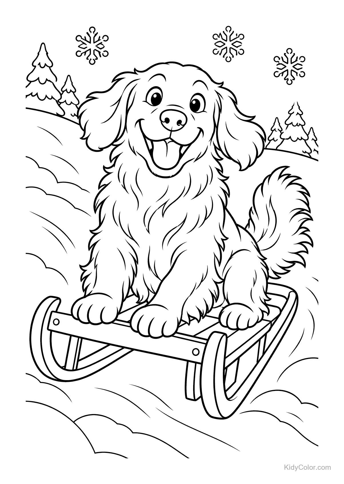 Golden Retriever auf einem Schlitten im Schnee mit Schneeflocken.