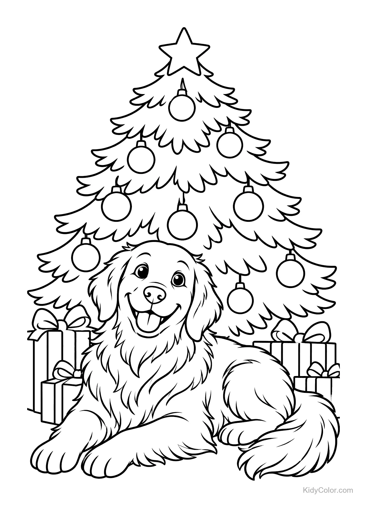 Golden Retriever unter einem geschmückten Weihnachtsbaum mit Geschenken.