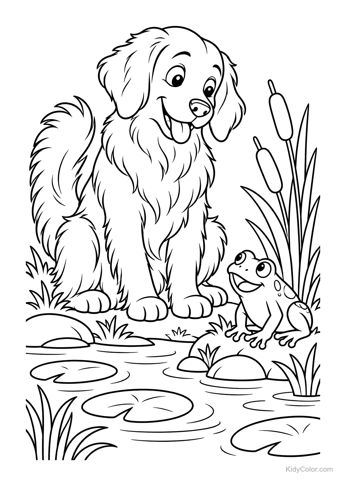 Golden Retriever und Frosch an einem Teich mit Schilf und Seerosen.