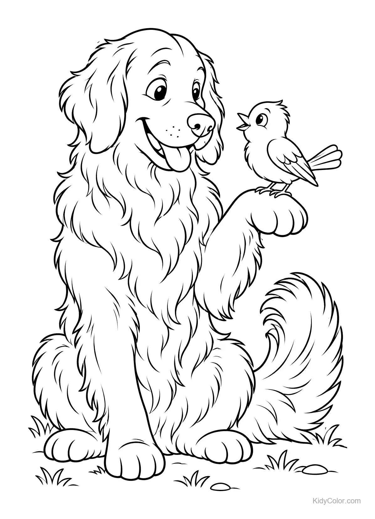 Golden retriever avec un oiseau bleu sur sa patte.