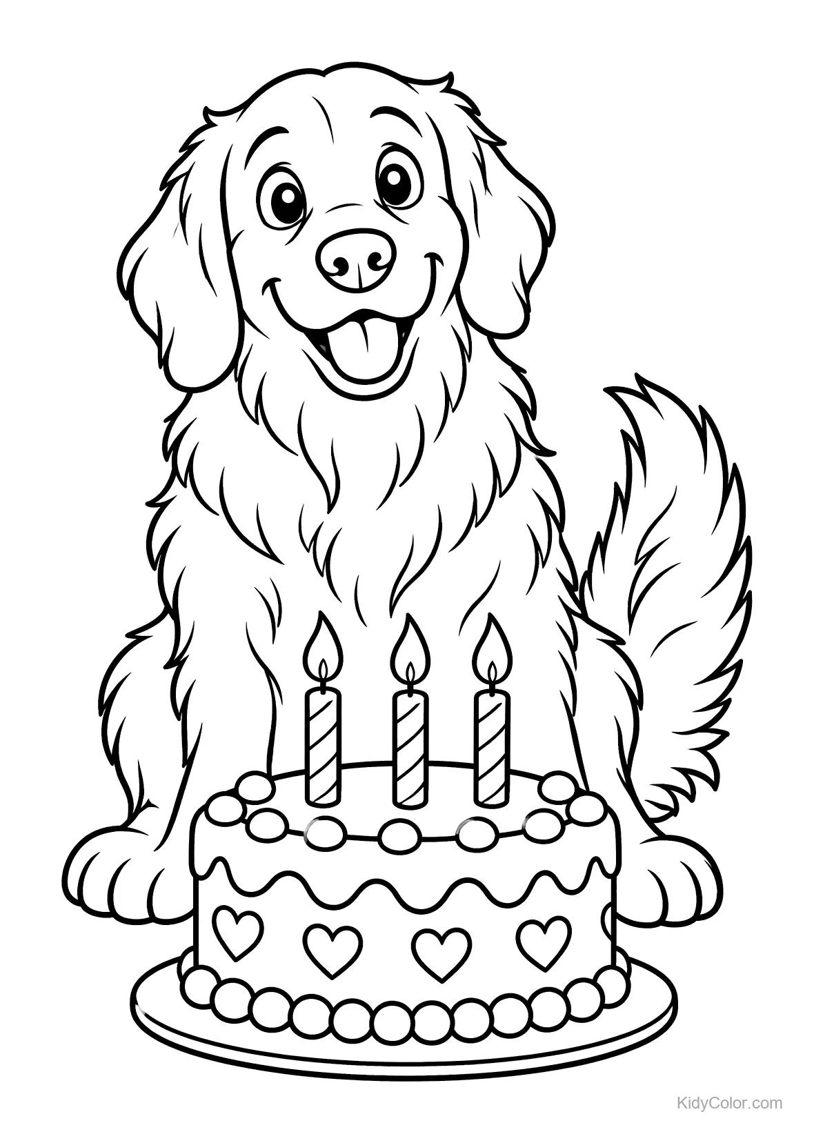 Golden Retriever seduto con torta di compleanno e tre candele.