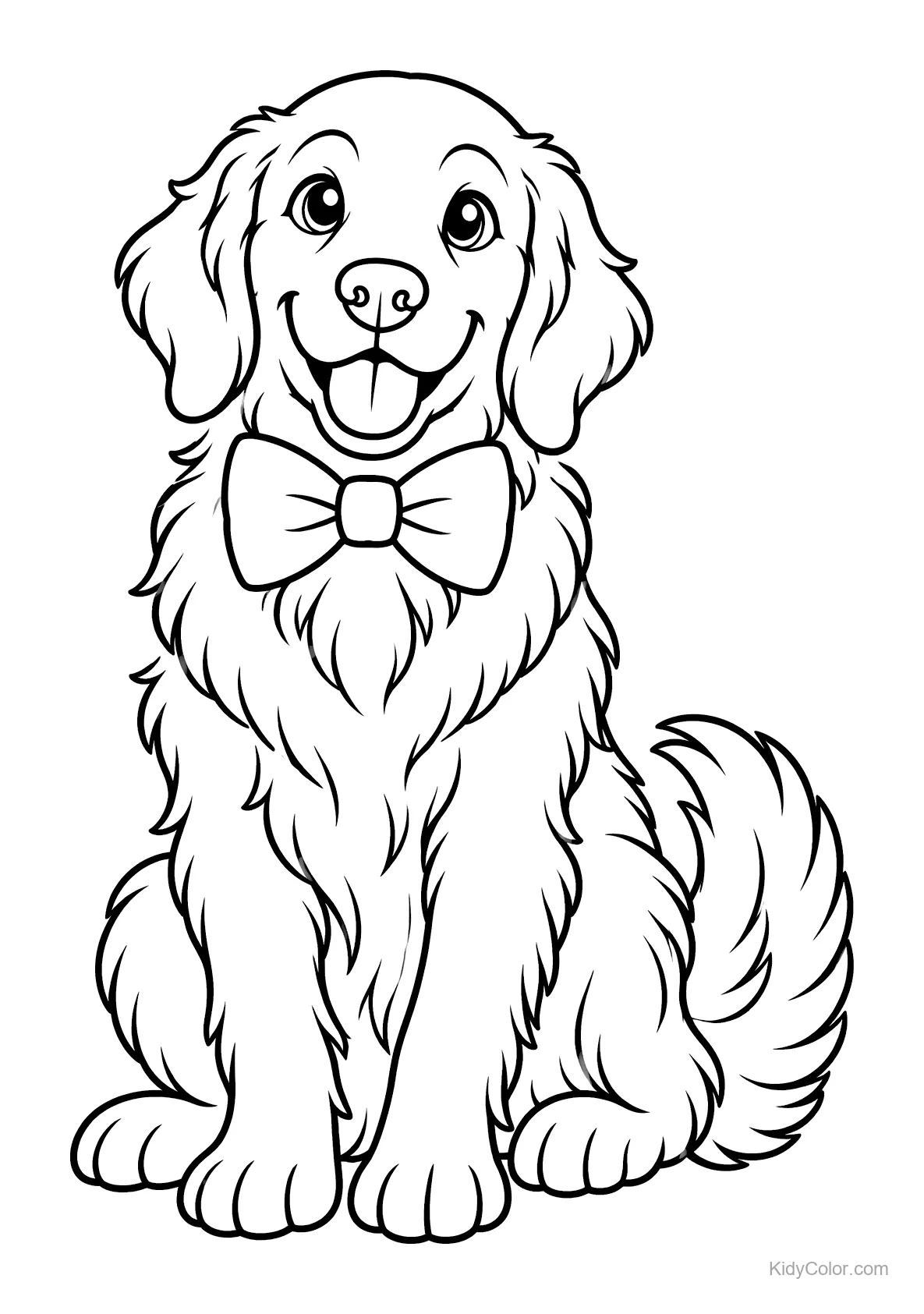 Golden retriever avec un nœud papillon, assis joyeusement.