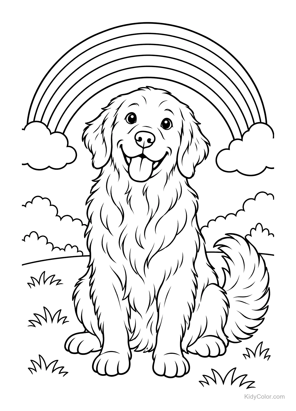 Golden Retriever assis sous un arc-en-ciel avec des nuages.