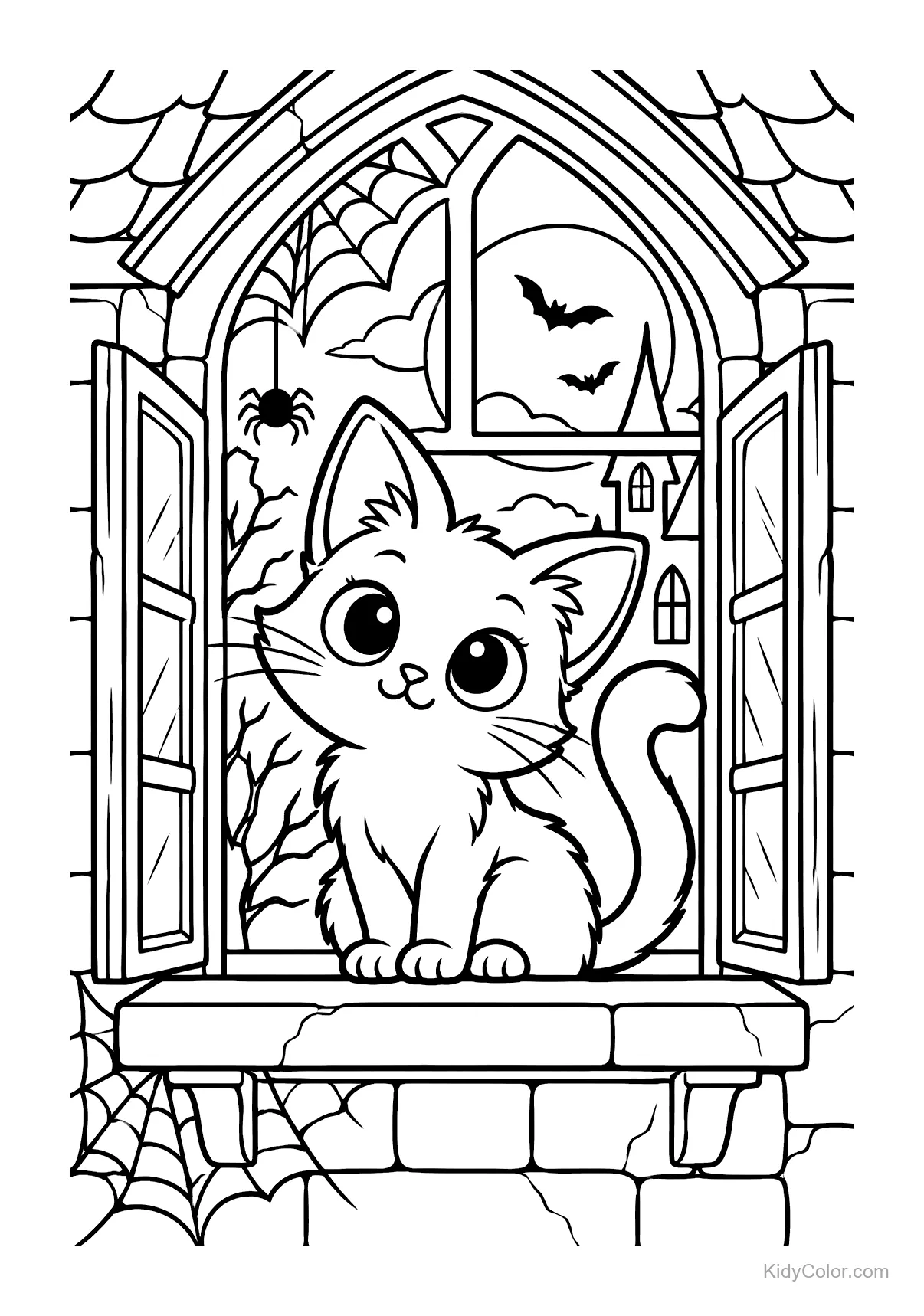Gato en una ventana gótica con murciélagos y telarañas.