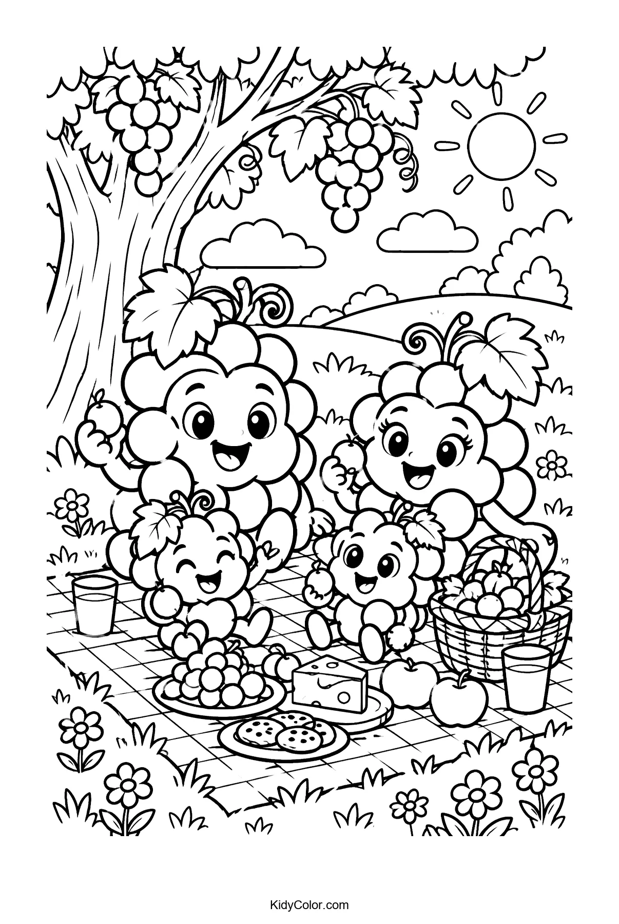 Grape family having a picnic with cheese, under a tree.