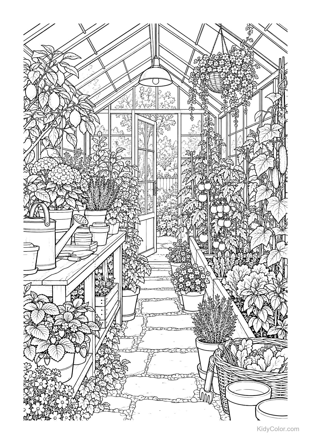 Greenhouse interior filled with various plants and flowers.