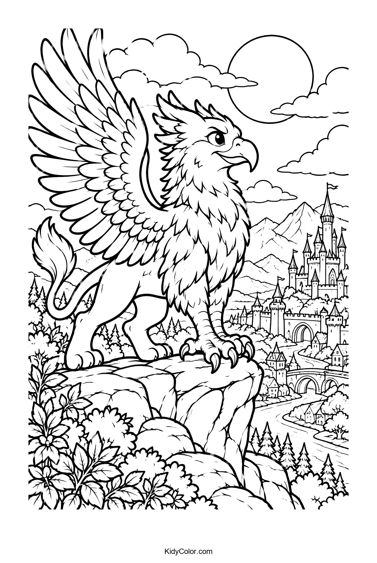A griffin perched on a cliff with a fantasy kingdom in the background.