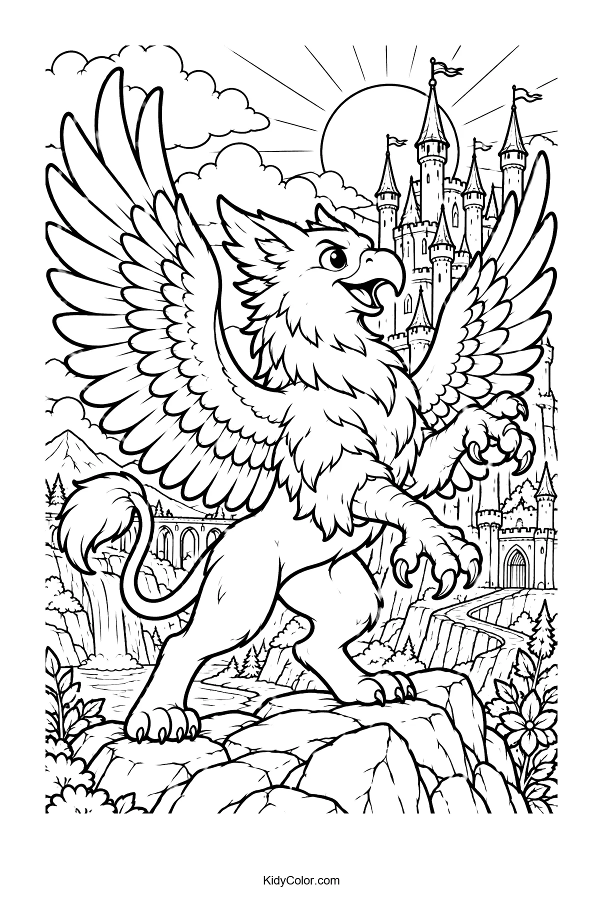 A griffin standing triumphantly on a rock before a fairy-tale castle.
