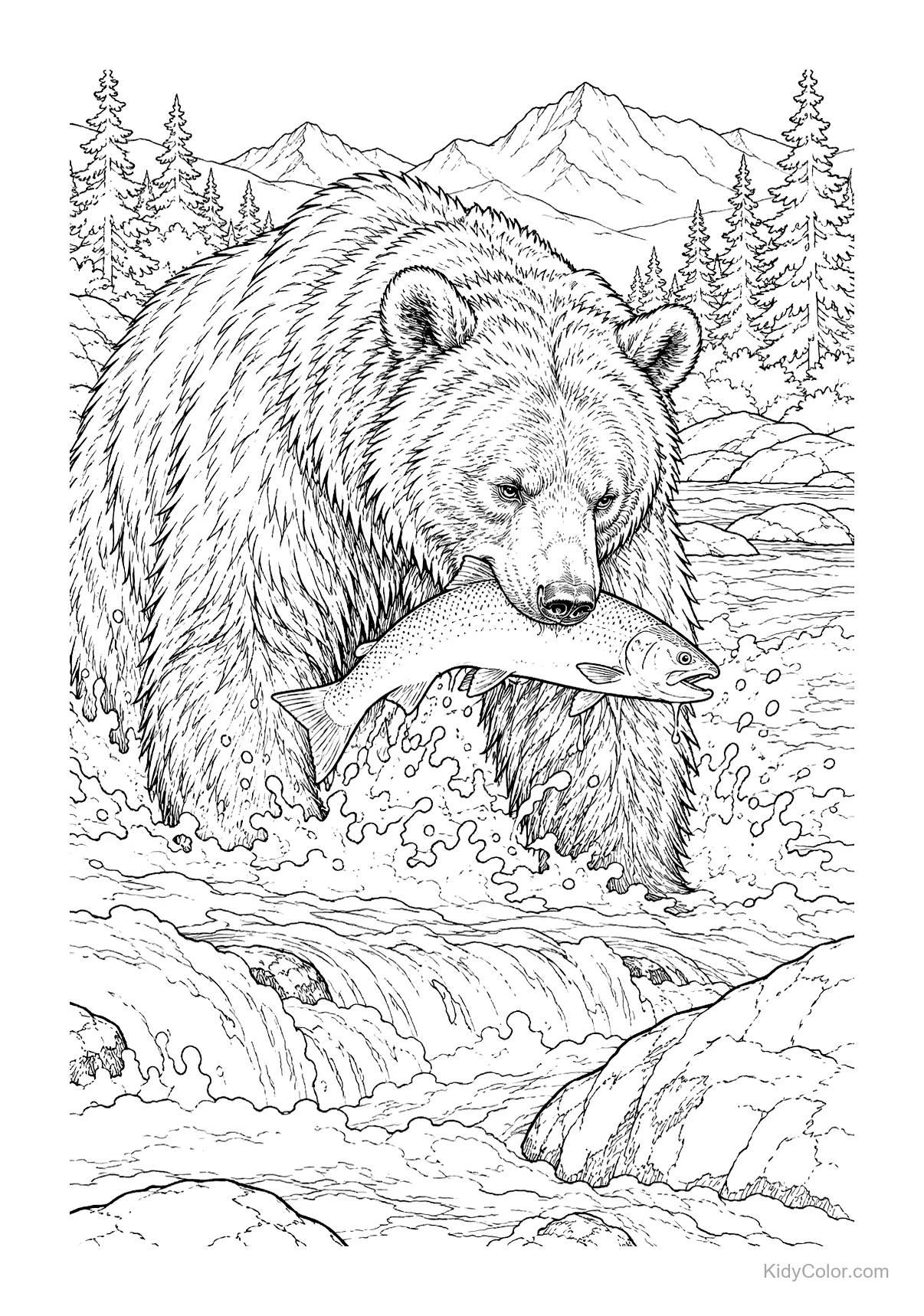 Grizzly bear catching a salmon in a river with trees and mountains in the background.
