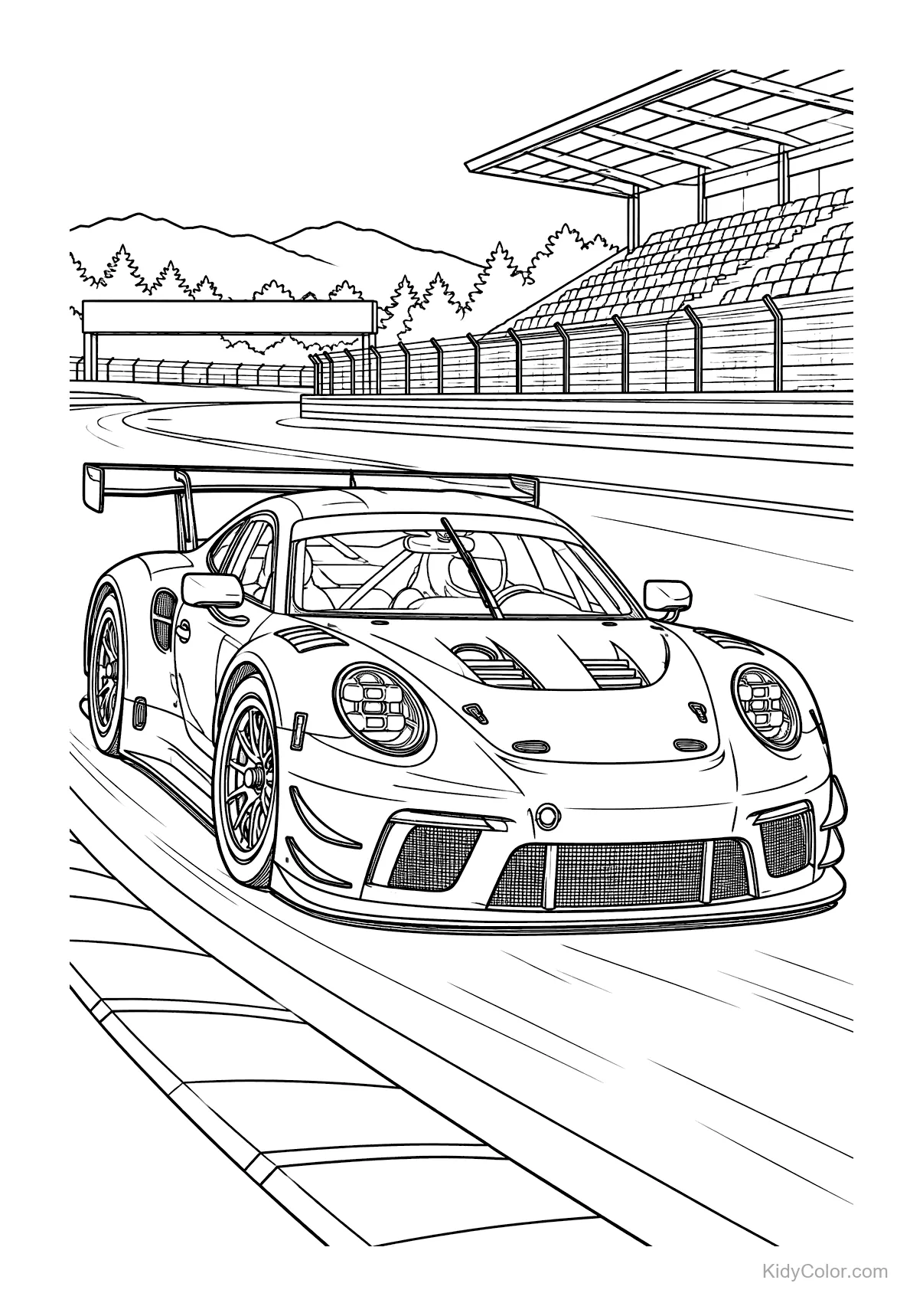 A GT race car speeding on a curved track with grandstands.