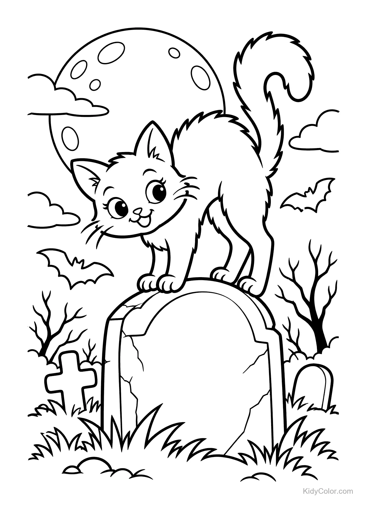 Gato de Halloween sobre una lápida con murciélagos y luna llena.