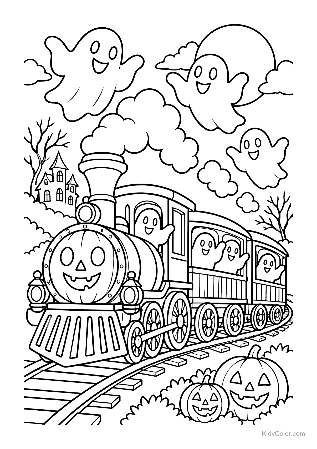 A Halloween train with ghosts on tracks, surrounded by pumpkins.