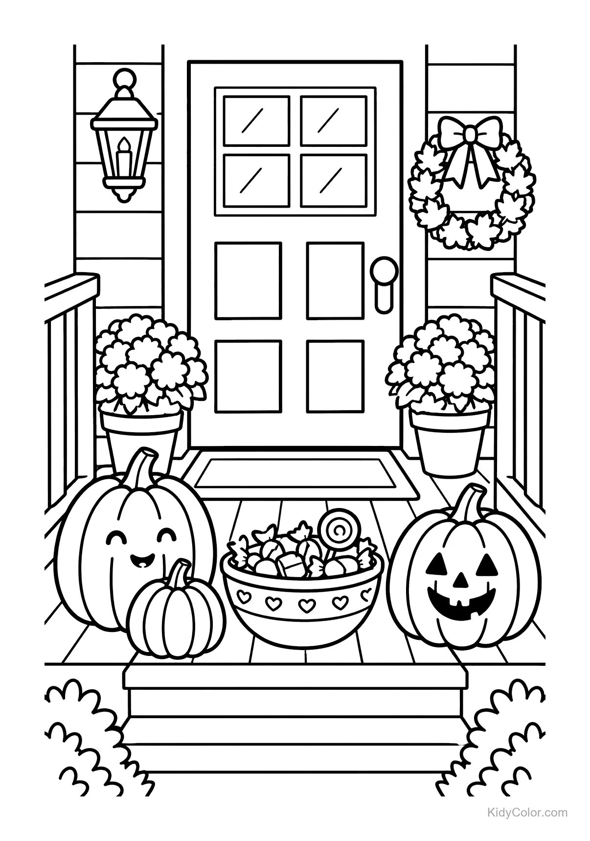 Porche de Halloween con calabazas, cuenco de dulces y corona.