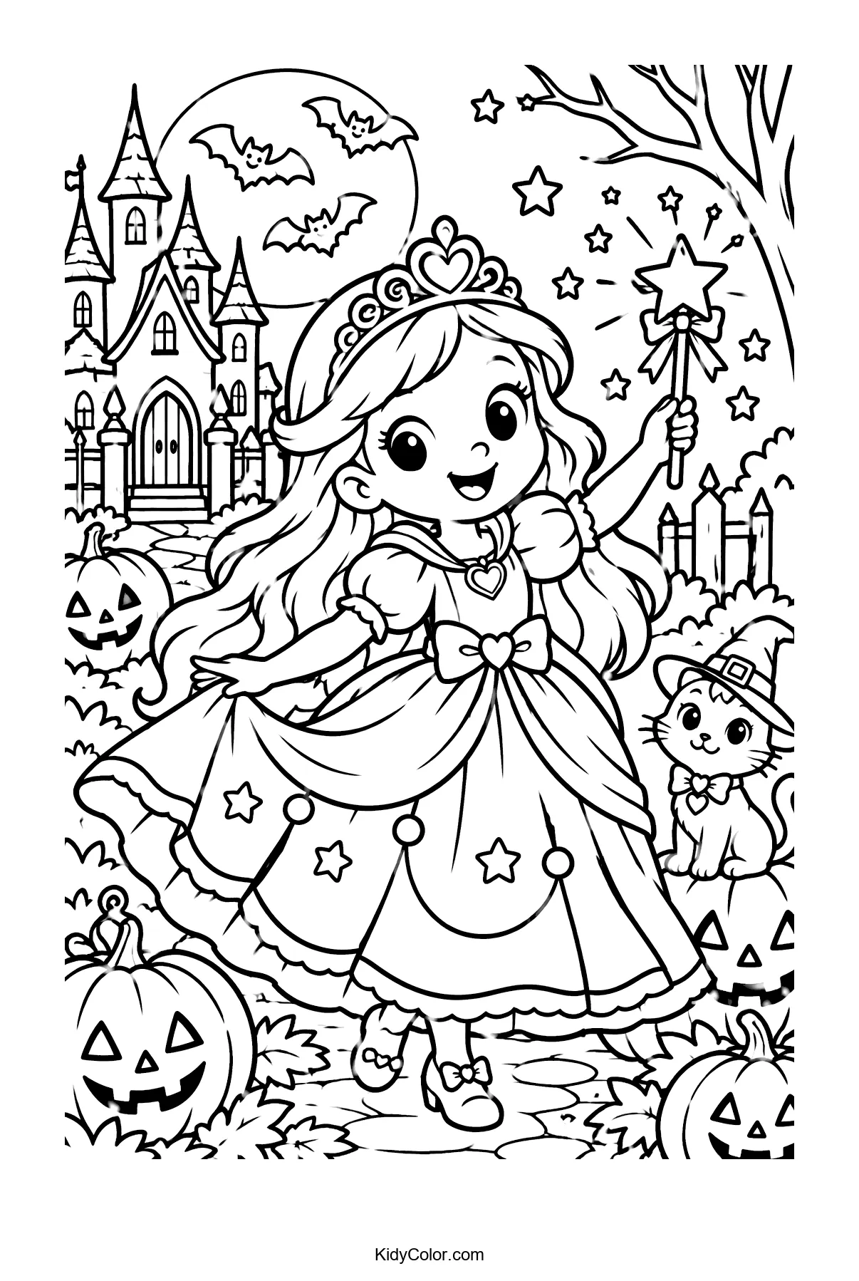 Princess with a wand and a cat surrounded by pumpkins.