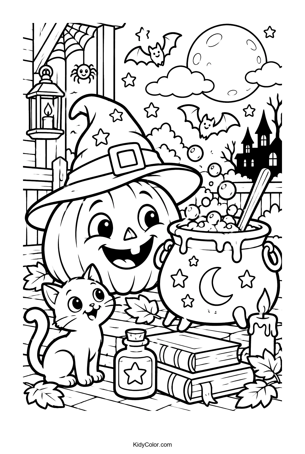 Pumpkin-headed witch, cat, and cauldron under a full moon with bats.