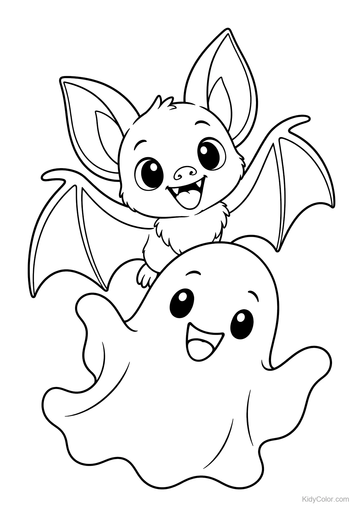 A cheerful bat with wide wings and a friendly ghost.