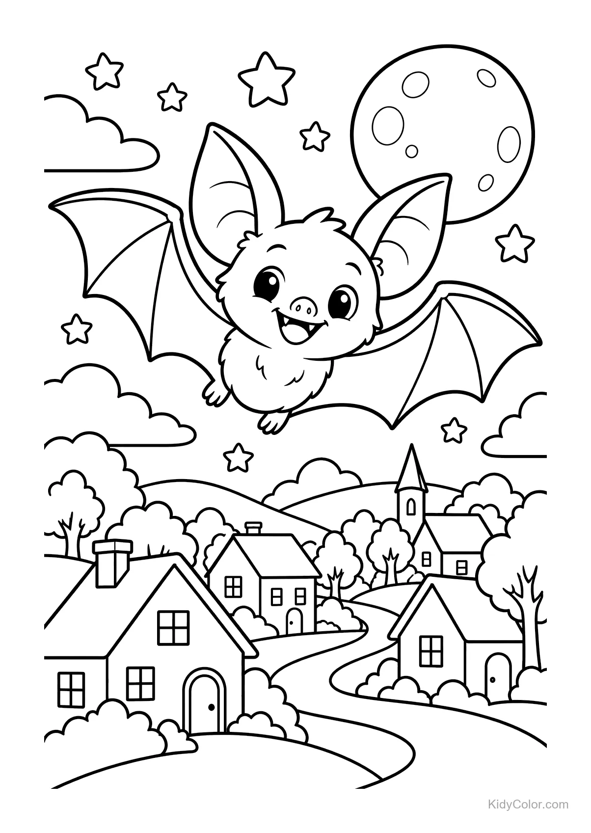 Pipistrello amichevole che vola sopra un villaggio con luna e stelle.