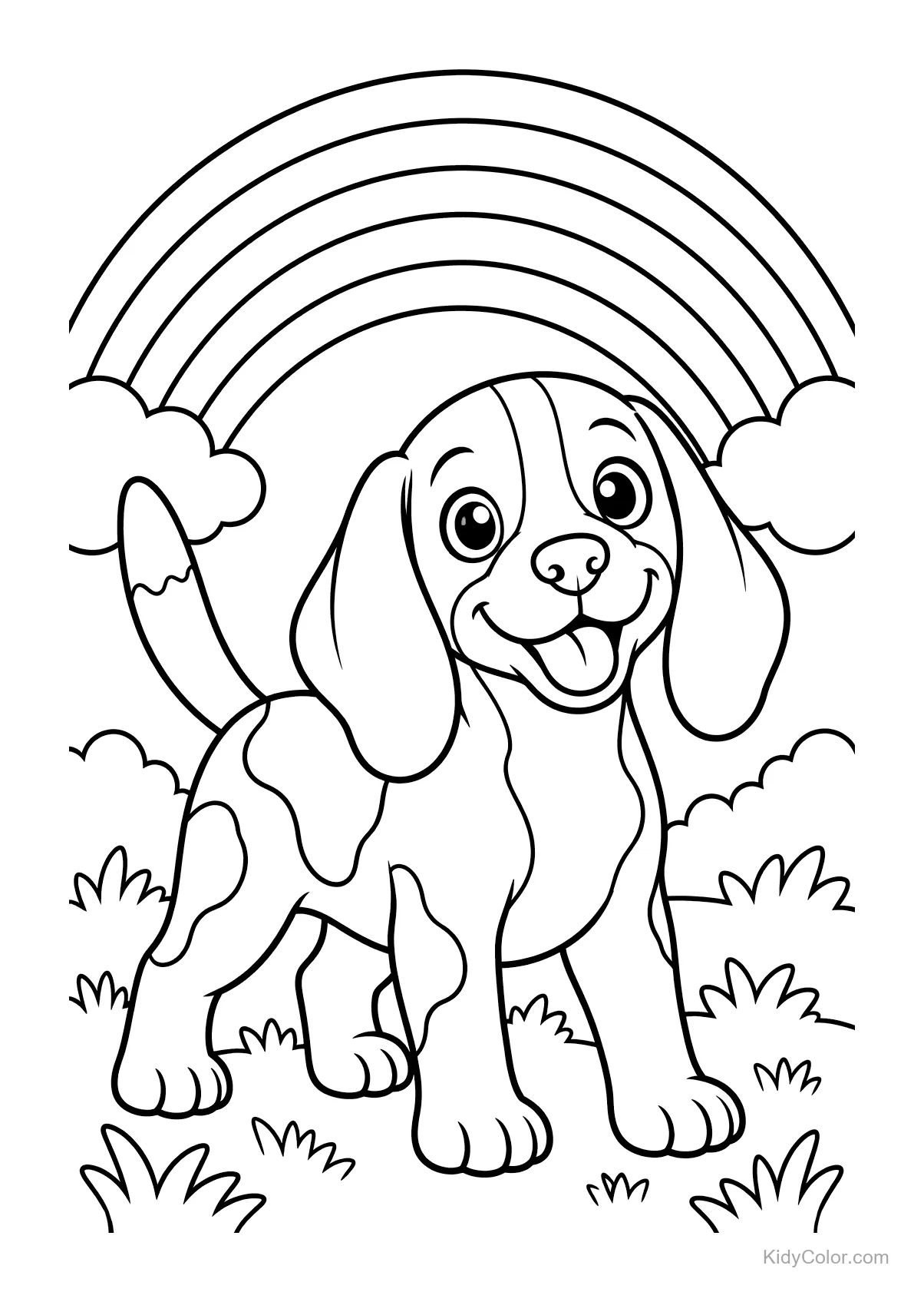 Un beagle joyeux sous un arc-en-ciel avec des nuages.
