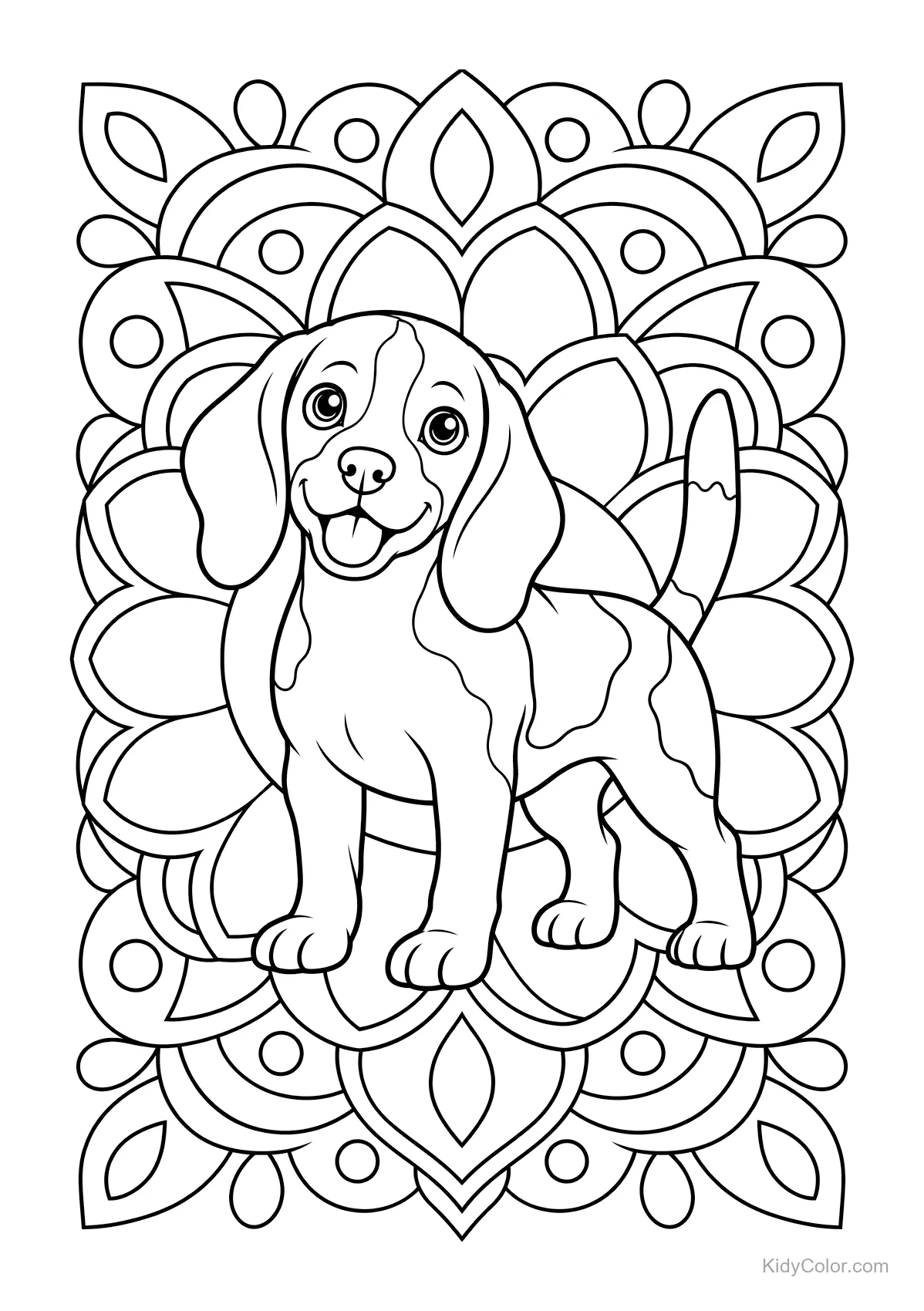 Un beagle heureux devant un mandala détaillé.