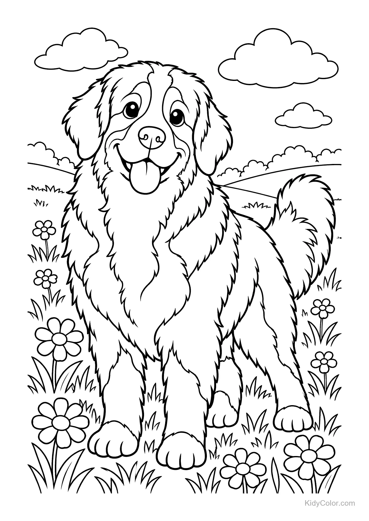 Un bouvier bernois dans un pré fleuri sous un ciel nuageux.
