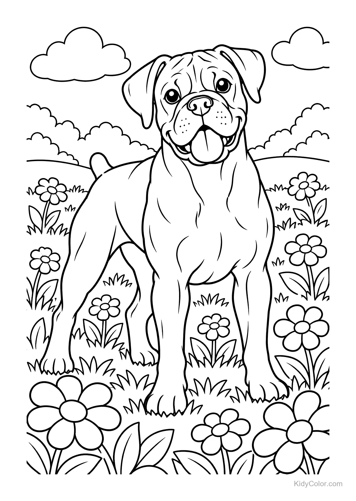Un chien boxer joyeux debout dans un champ de fleurs avec des nuages.
