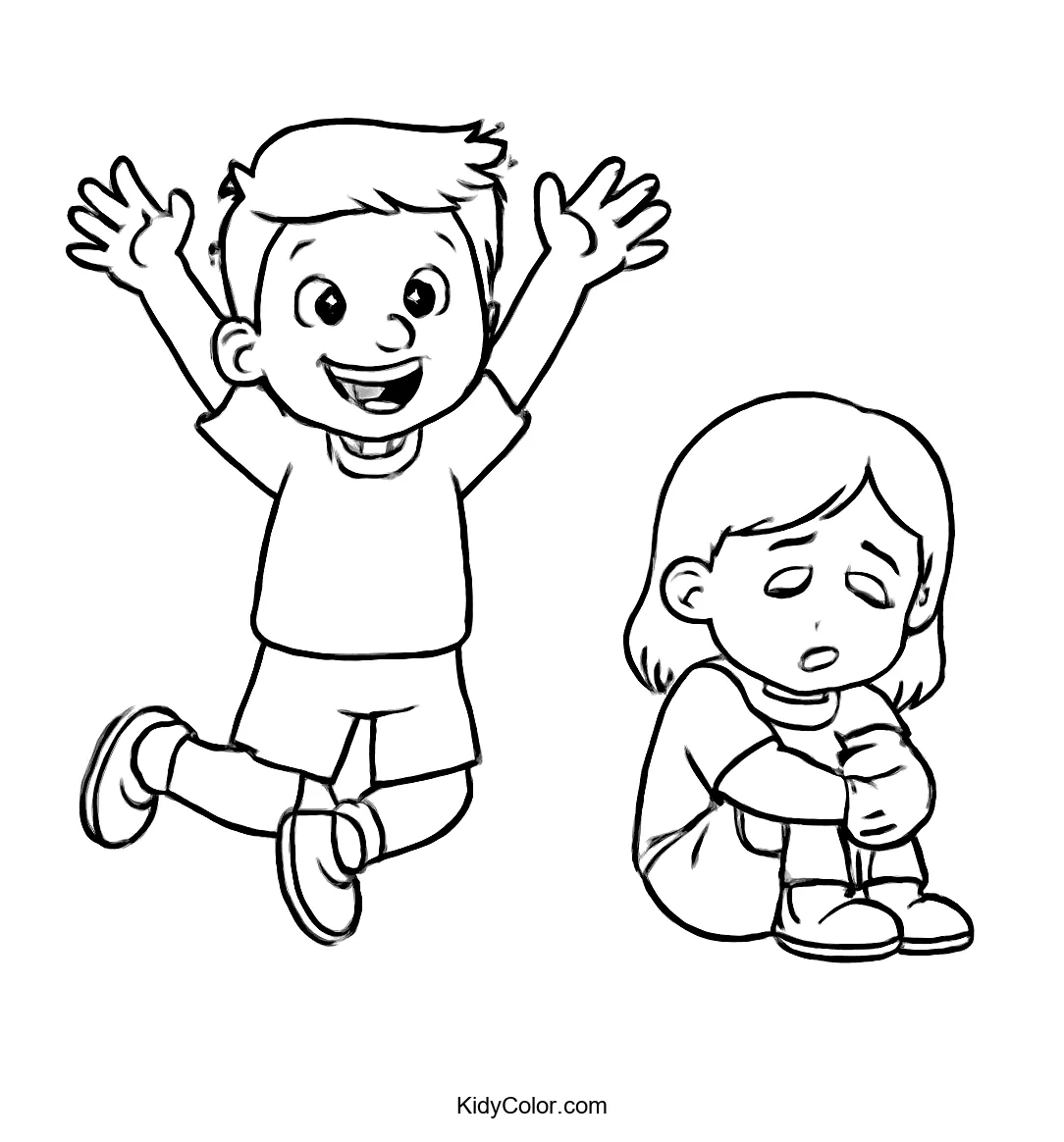 A happy boy jumping next to a sad girl sitting.
