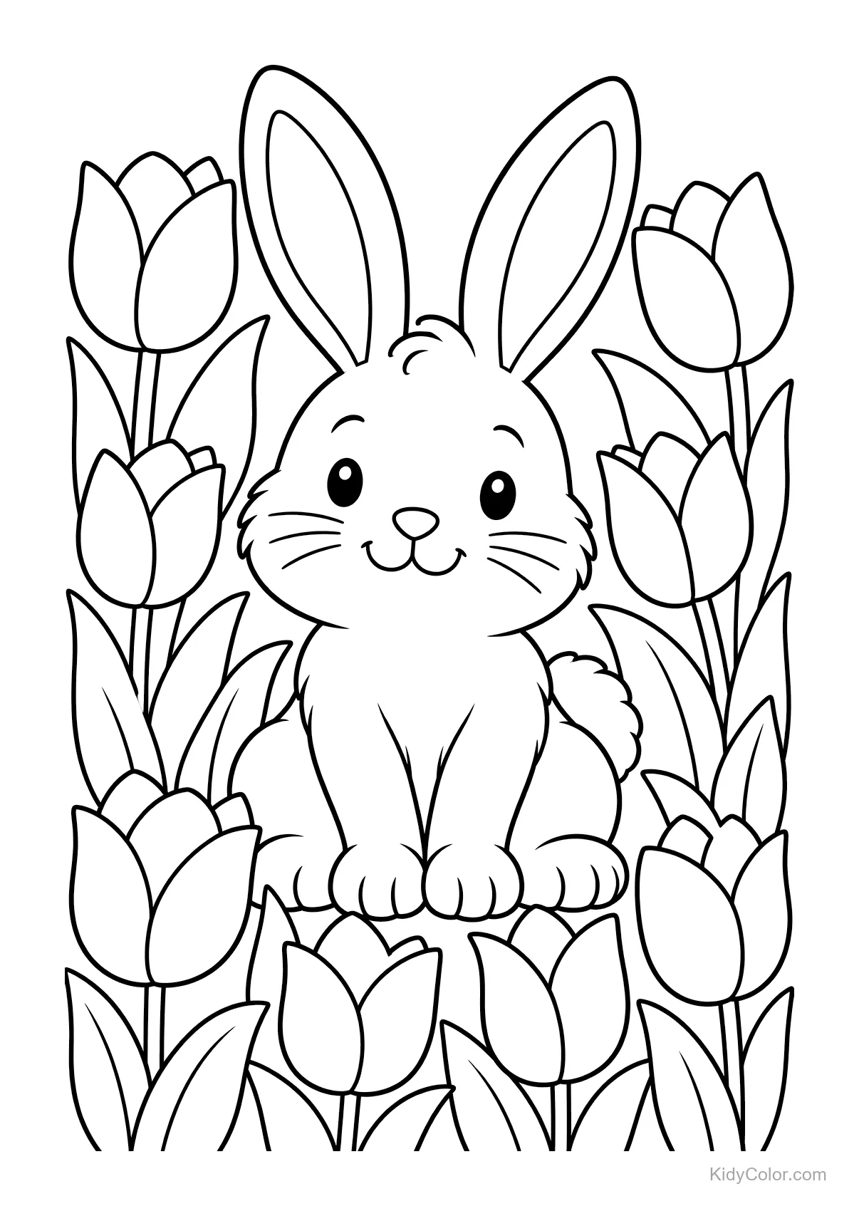 Fröhlicher Hase sitzt zwischen Tulpen im Garten.