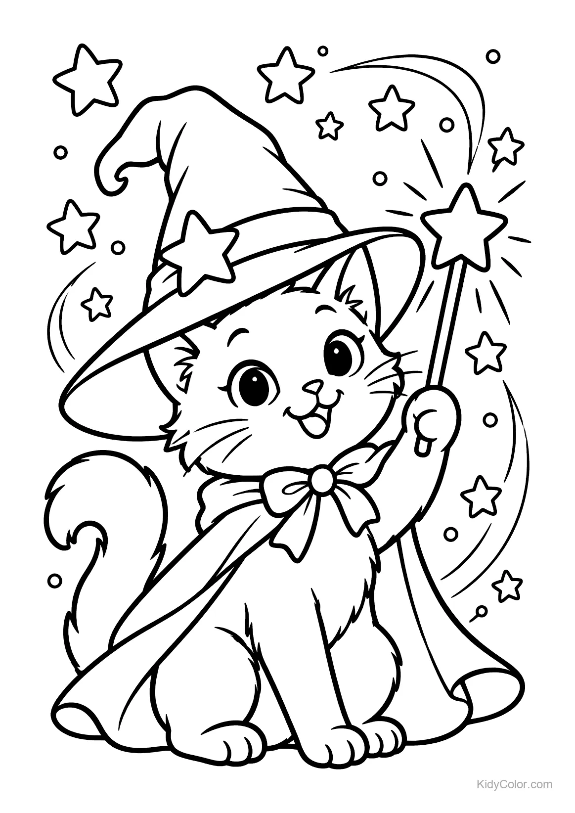 Gato con sombrero de bruja y capa sosteniendo una varita con estrella.